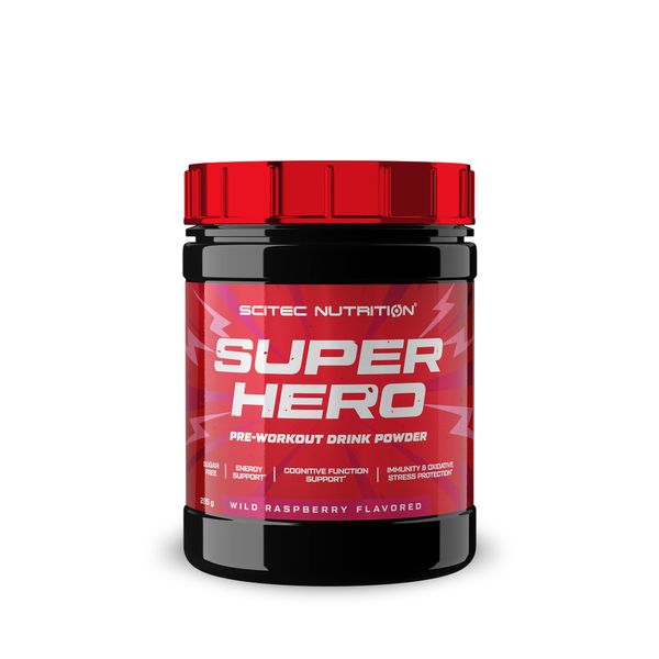 Scitec Nutrition Superhero – Sugar-Free Pre-Workout – with Amino Acids – Plant Extracts – Vitamins – for Energy, Focus and Immune Support, 285 g, Wild Raspberry