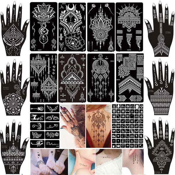 XMASIR 16 Sheets Temporary Tattoo Stencils, 87 Pcs Glitter Tattoo Templates Reusable Indian Arabian Tattoo Stencils for Body Hand Art(Only Templates,No Tattoo Ink)