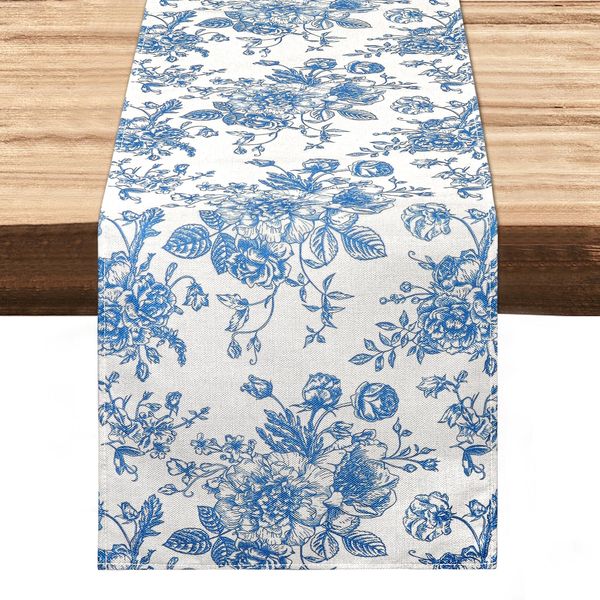 Dremisland Rose Monochrome Sketch Blue Table Runner Retro Floral Table Cover Fall Table Runner Rustic Farmhouse Table Decoration for Home Kitchen Dining Party 13x72 Inch