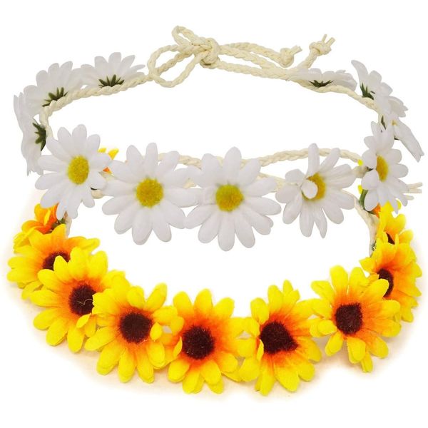 2Pcs White and Yellow Daisy Flower Headband Adjustable Sunflower Headband Crown Boho Flower Headband Floral Hair Wreath Boho Headpiece for Bridal Women Girls Hippie Wedding Party Beach Festival