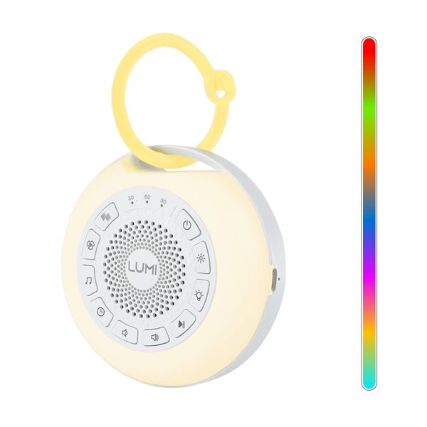 LUMI | Portable White Noise Machine Baby | 26 Sleep Sounds & 7 Colour Baby Night Light | 55 Hours Battery Life | Child Lock | 30, 60, 90 Minute Timer | Sleep Sound Machine Baby | White Noise Sleep Aid