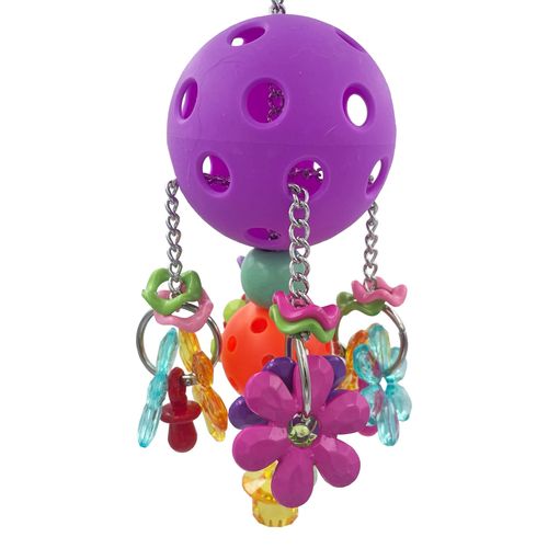 GILYGI Pullable Bird Plastic Ball Toys with Acrylic Pacifiers and Flowers, Colorful Parrot Toys for Medium and Large Parrot Quaker Monk Parakeet Sun Conures (Purple)