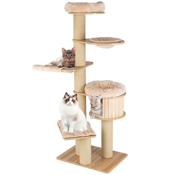 75" Modern Cat Tree Multi-Level Large Cat Tower w/ Hammocks Beige