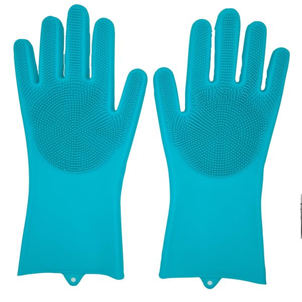 Magic Cleaning Gloves BLUE Reusable Silicone Cleaning Gloves Dishwashing Scrubber ，Dish Wash Scrubbing Sponge Gloves with Bristles, Great for Washing