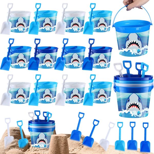 Nuogo 12 Sets Beach Bucket and Shovel Set Shark Plastic Sand Bucket Pool and Swim Pail Sandcastle Molds Sandbox Accessory for Kids Toddler Children Summer Outdoor Party