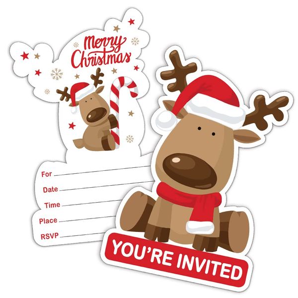 REWIDPARTY Christmas Elk Party Invitation Cards with Envelopes（Set of 15） Merry Christmas Shaped Fill-in Invitations Christmas Party Supplies Decorations Party Celebration Cards for Kids Teens Adults