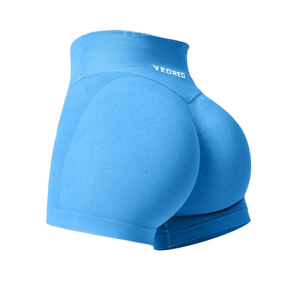 YEOREO Workout Gym Shorts Women Sport Scrunch Butt Lifting 3.5" Seamless V Waist Amplify Shorts Light Blue Small