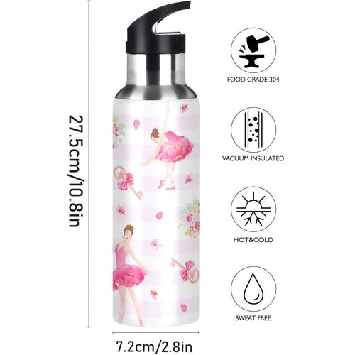 Qilmy Sport Water Bottle with Straw Lid Vacuum Insulated Stainless Steel Thermo Flask Ballet Girl Water Bottle 20 oz