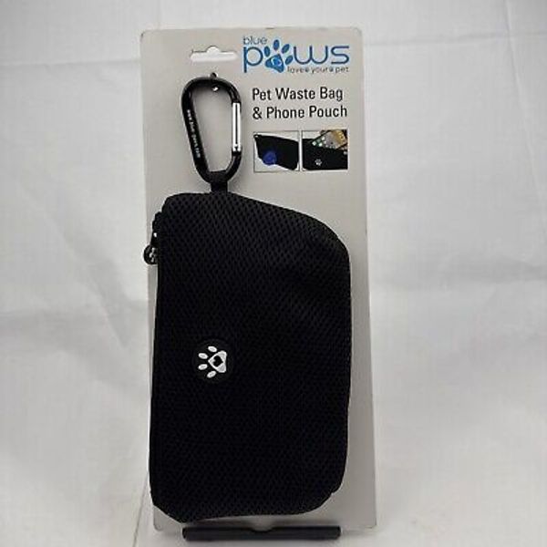 Blue Paws Phone Pouch And Pet Waste Bag New With Clip Black Zip Close