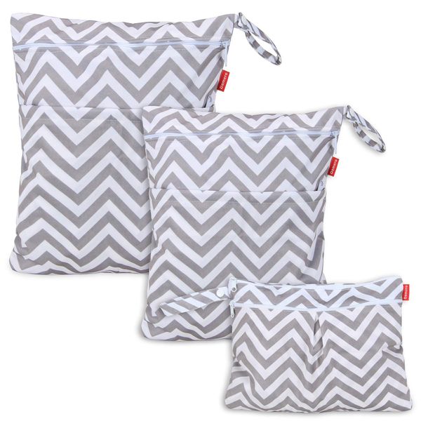 Damero 3pcs Pack Wet Dry Bag for Cloth Diapers Nappy Bag Daycare Organiser Bag, Grey Chevron