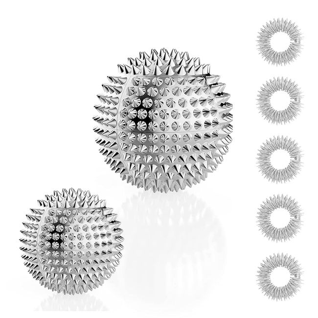 2 igelball massage + 5 akupressur ring finger - akupressur ball metal klein 32mm 47mm - skills ring akkupressurringe for finger - skills borderline igelbälle Massageringe set für Stress Relief silber