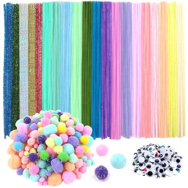 TOAOB 500pcs Art Crafts Supplies Kit Pipe Cleaners Set Includes 100pcs Assorted Chenille Stems 250pcs Pom Poms 150pcs Self Adhesive Wiggle Googly Eyes for DIY Art Projects