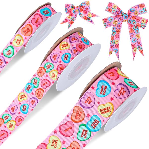 JarThenaAMCS 3 Rolls Valentine's Day Grosgrain Ribbon Conversation Heart Grosgrain Ribbon Candy Heart Craft Ribbon for Gift Wrapping Floral Arrangement Wreath Bow DIY Crafts Decor, 15 Yards