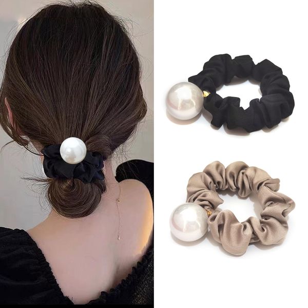 Fuyunohi ヘアゴム シュシュ パール 黒 髪ゴム ヘアアクセサリー ヘアゴム 大人 2個セット 跡がつかないヘアゴム 髪飾り パールヘアゴム 美髪シュシュ おしゃれ 可愛い 真珠 韓国風 派手 優雅 髪留め ゴム ブラック ベージュ