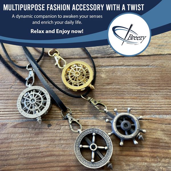 Breezy Made in USA, Multipurpose Fidget Spinner Top, Stress Relief Accessory, Spinning Top Amulet Jewelry Necklace Keychain, 3pk Necklace Cords + Drawstring Pouch, Antique Brass, Pirate Ship Wheel