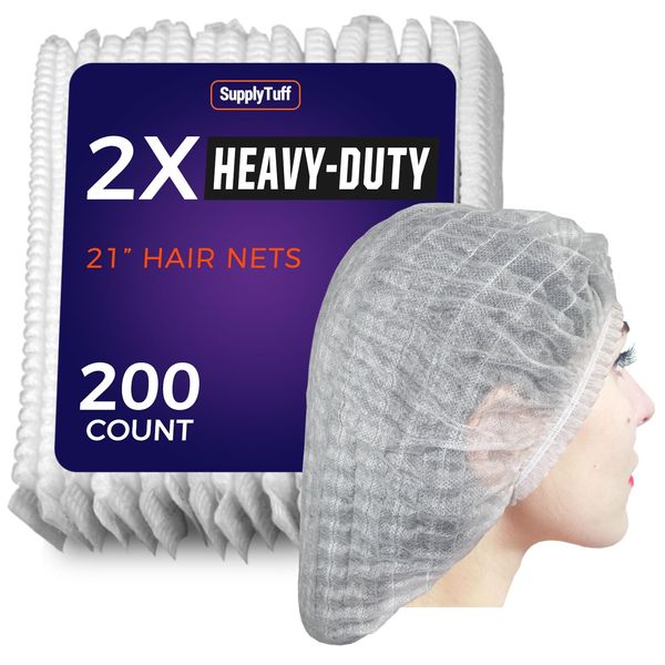 [200 Count] 2X Heavy Duty Hair Nets Food Service, 21", Disposable Bouffant Caps Hair Nets for Women Work, Cooking