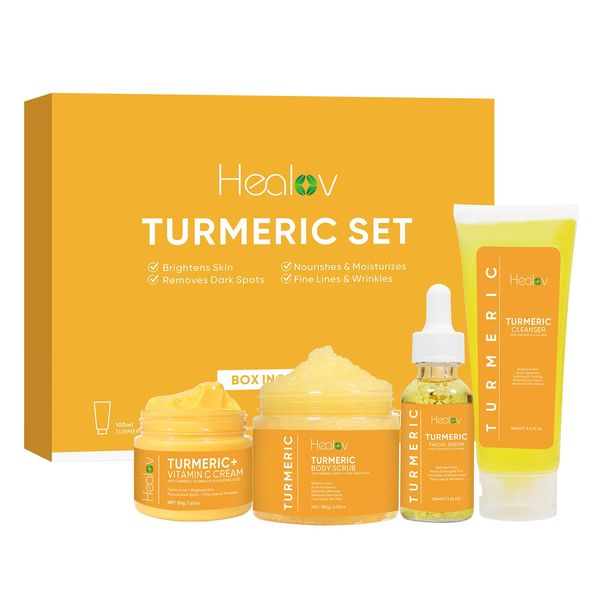 Healov Turmeric Skincare Set - Turmeric Skin Care Products Brightening & Acne - Turmeric Skin Care Kit, Turmeric Skin Care Set - Turmeric Cleanser, Body Scrub, Face Cream & Facial Serum