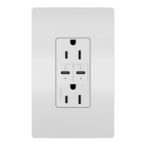 Legrand Radiant R26USBPDW 15 Amp Tamper-Resistant Decorator Duplex Receptacle Outlet with Ultra Fast USB C/C 6.0A Charging Ports Plus 30W Power Delivery, White with Screwless Wall Plate