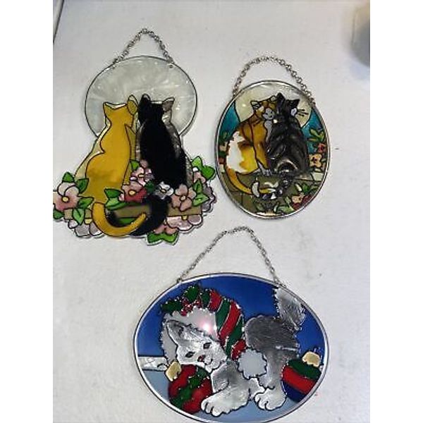 Joan Baker Tiffany Cats Stained Glass Suncatcher Art Panel Home Decorative L