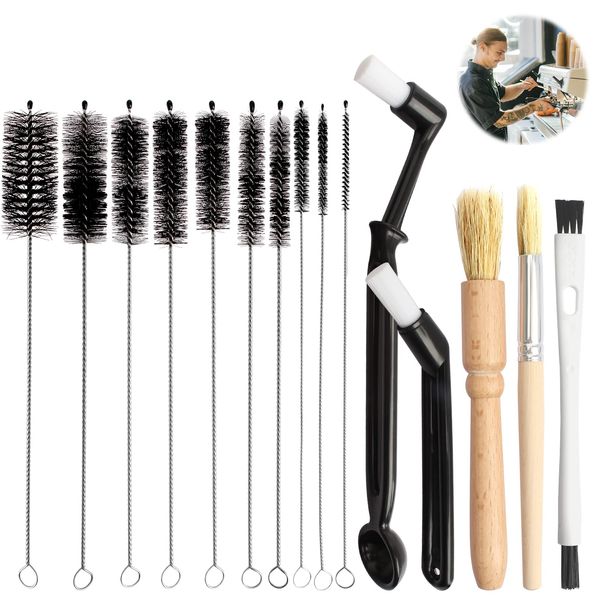 15 Pieces Coffee Cleaning Brush Set, Bristle Espresso Machine Brush Wooden Coffee Grinder Cleaning Brush Thin Pipe Cleaning Brushes for Coffee Machine Bottle Teapot Nozzle