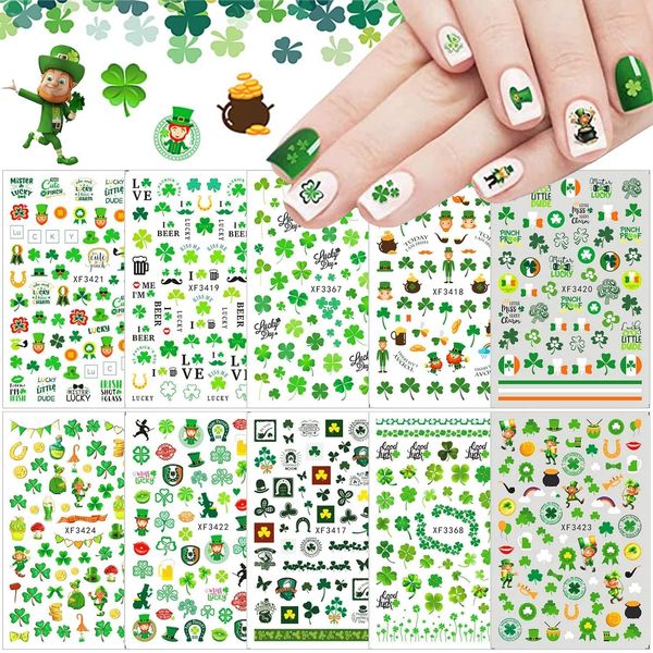 St. Patrick’s Day Nail Stickers 3D Self-Adhesive Shamrock Nail Art Stickers Clover Irish Green Dwarf Gold Hat Design St Patricks Day Nail Decals Nail Art Supplies for Women Acrylic Nails Decorations