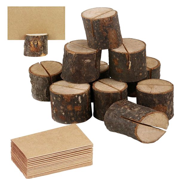 YUEMING 10Pcs Place Card Holders, Rustic Wood Table Card Holder, Number Stand with 10 Kraft Paper Wooden Menu Holder Place Name Memo Card Holder for Wedding Decorations and Party