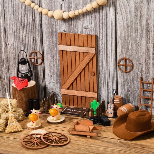 Cinnvoice 35 Pcs Christmas Cowboy Elf Fairy Doors Miniature Kit Xmas Western Figures Dollhouse Accessories DIY Birthday Party Craft Gift Set for Boys Girls Garden Wall Tale Indoor Outdoor Decor