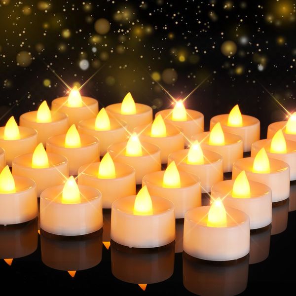 Homemory Value 24Pack Flameless LED Candles Tea Lights Battery Operated, 200+Hours Electric Fake Plasitc Candles Tealights for Votive, Halloween, Pumkin, Ofrenda, Diya, Table Decor, Funeral, Amber