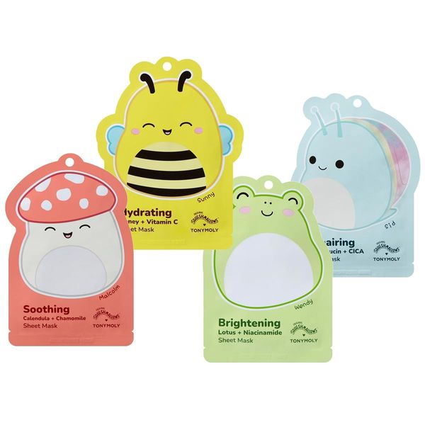 TONYMOLY x Squishmallows Facial Hydrating Sheet Mask Set, Soothe, Repair, Hydrate Skincare Variety 4 Pack
