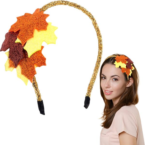 HIFANMM Maple Leaf Headband Fall Thanksgiving Hair Accessories for Women Girls, Glitter Sequin Leaves Hair Bands Autumn Decor Headdress Party Outfit Supplies Non Slip Head Band (Style 2, standard)