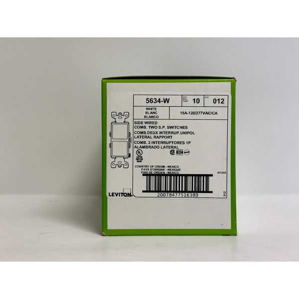 10 PK Leviton (5634-W) 120/277 Volt Comb Switch, 2Sp, Single-Pole, White