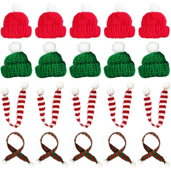 Gadpiparty Miniature Hat 20pcs Mini Santa Hat Knitted Scarf Christmas Wine Bottle Decorations Lollipop Candy Cover Cap Silverware Holder Doll Making Supplies for Xmas Party Favors Miniature Santa Hat