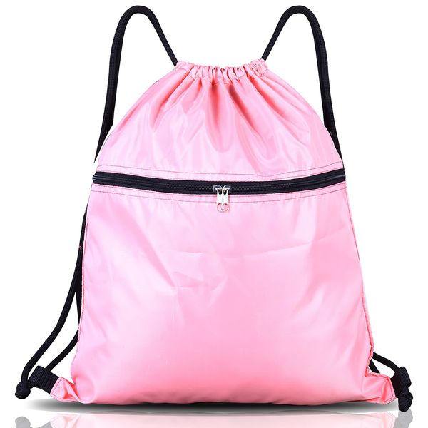 Drawstring Bag String Gym Sack Drawstring Sports Bag Swim Men Women Sack Outside Pocket Zipper PE Backpack Beach School Holidays Swimming Travel Boy Girl Waterproof (Pink)