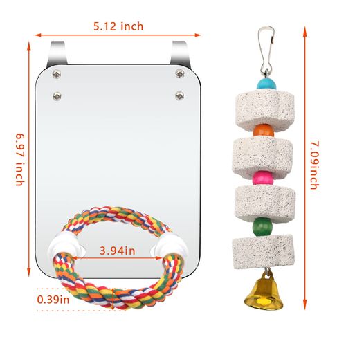 Catcan Bird Cage Mirror, Bird Mirror with Perch Rope for Cage Cockatiels Cotton Rope Standing Bar Parrot Mirror with Parrot Molar Toy Pendant
