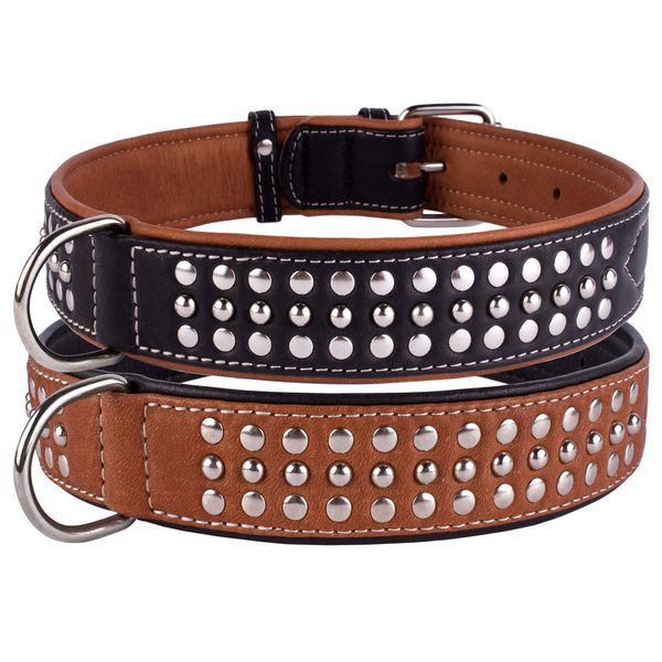 CollarDirect Studded Dog Collar Leather Pet Collars for Dogs Small Medium Large Puppy Soft Padded Brown Black (Brown, Neck fit 20" - 22")