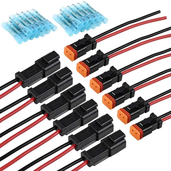 JRready ST9020 6 Sets 2 Pin Deutsch Connector Kit 2 Pin DT Pigtail, Car Waterproof Wire Connectors with 24pcs Butt Connector, 14AWG (UL 1015) Thicker Wire Harness Connector