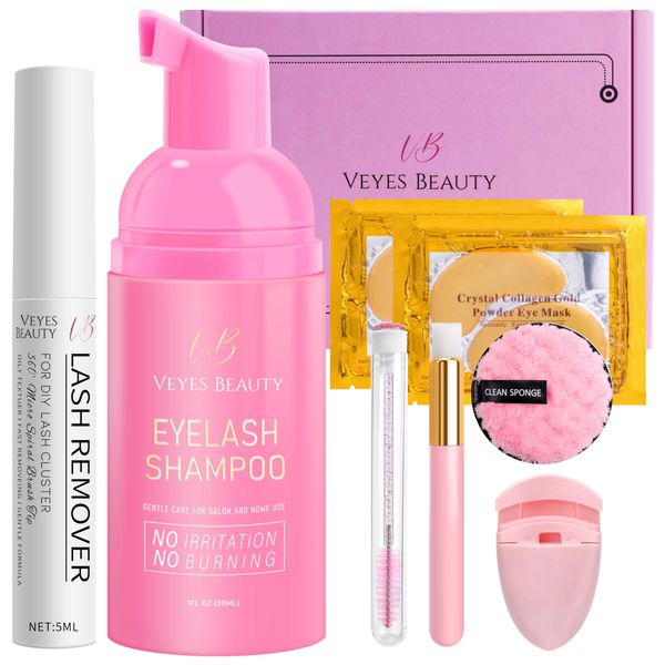 VEYESBEAUTY Cluster Lash Remover & Cleaner Kit DIY Lash Aftecare Kit for Eyelash extensions and Natural Lashes, Remover, Shampoo, gel eye patch, eyelash curler, Cleansing Brush, Mascara Wand