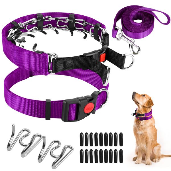 Dog Prong Training Collar, Dog Choke Pinch Collar with Nylon Cover Comfort Tips and Quick Release Snap Buckle, Dog Classic Collar and Dog Leash for Small Medium Large Dogs