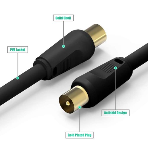 Ancable 1M TV Aerial Coaxial Cable Male to Male, Satellite Cable RF TV Antenna Coax Lead to PAL Male Gold Plated Connectors Black Flylead for Sky/SkyHD, Virgin, BT,TV, VCR or DVD players with Coupler