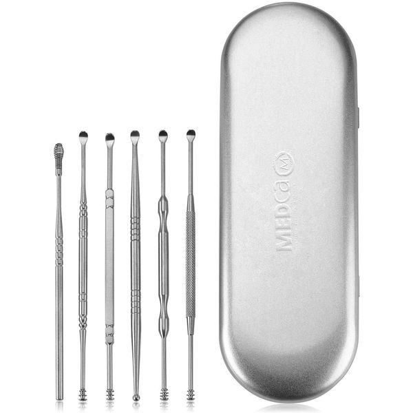 Stainless Steel Ear Curette Cleansing Kit - 6 Piece Set with Spiral Spring Pick Unclogger, Thorough Ear Wax Removal and Storage Case