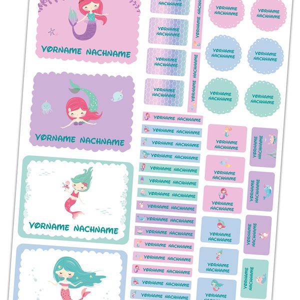 50 x Namensaufkleber mit Wunschname personalisiert Aufkleber Set mit Kinder Name Beschriftung Schule Kindergarten Kleidung Sticker wasserfest (11 Meerjungfrauen)