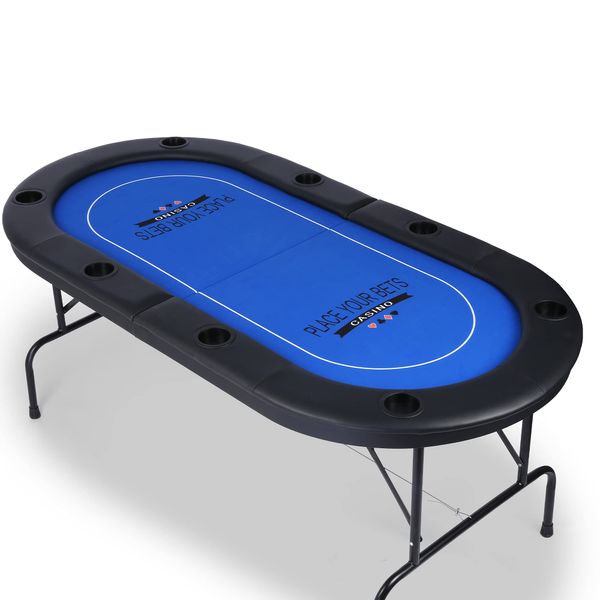 Vilobos Poker Table Texas Holdem Poker for 8 Players Casino Games Blackjack Baccarat with Faux Leather Padded Rails and Cup Holders-Blue Folding Poker Table (Texas Holdem Poker)