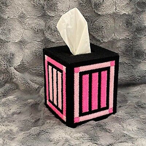 Handcrafted Tissue Box Cover Sewn in Pink & Black Acrylic Yarn on Plastic Canvas