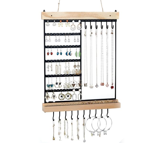 Feyejade Hanging Jewelry Organizer, 6-Tier Wall Earring Holder with Wooden Ring Groove, Jewelry Rack Wall Mounted for Earrings, Necklaces, Bracelets and Rings, Jewelry Holder Stand