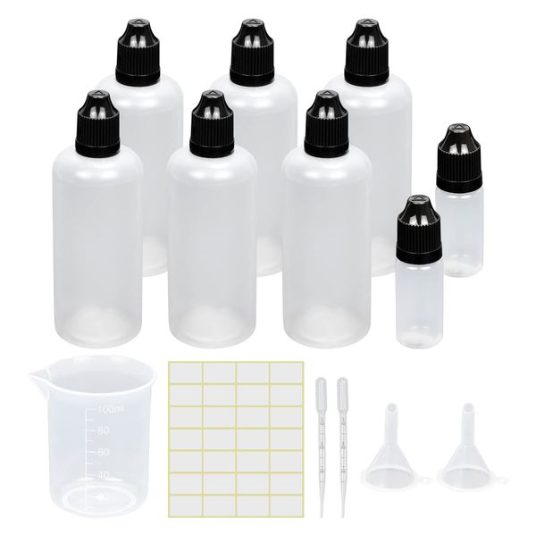 Tropfflasche Leer Plastikflaschen Reiseflasche Liquidflaschen Quetschflaschen Dosier-flaschen mit Kindersicherung Deckel Inkl. Trichter Messbecher Etiketten Transfer Pipette (100ml)