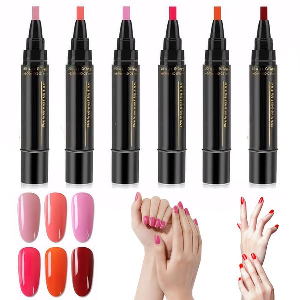 6 PCS Nail Polish Pens,Nail Varnish Pens,Nail Art Pens,Polish Nail Pens,3 in 1 Gel Nail Polish Pen,One Step Nail Gel Pen,Soak Off U-V、LED,for Women Girls