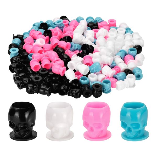 BAMTTOO 200pcs Disposable Tattoo Pigment Ink Cups Skull Tattoo Ink Cups For Tattoo Permanent Makeup Container Cap Tattoo Accessory Tattoo Kits (Mixed)