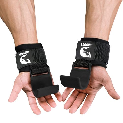 Weight Lifting Hooks Grip by DMoose Fitness (Pair) - 8 mm Thick Padded Neoprene, Double Stitching, Non-Slip Coating, Secure Your Grip and Achieve Your Goals with Premium Workout Hook Gloves, black