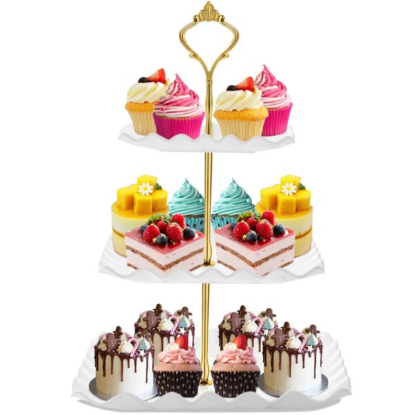 DAFURIET Dessert Cupcake Stand, 3 Tier Cup Cake Holder Tower for Tea Party/Birthday/Weeding, Plastic Tiered Serving Tray with Metal Rod, White