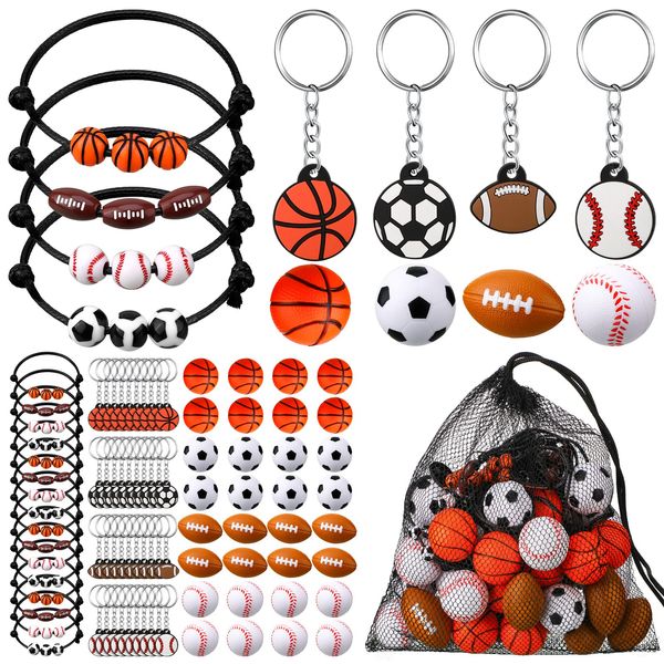 Nosiny 108 Pcs Sportball Party Favors Bulk 36 Pcs Sport Keychain Gifts 36 Pcs Sportball Stress Balls 36 Pcs Sportball Charm Bracelets for Team Birthday Party Supplies